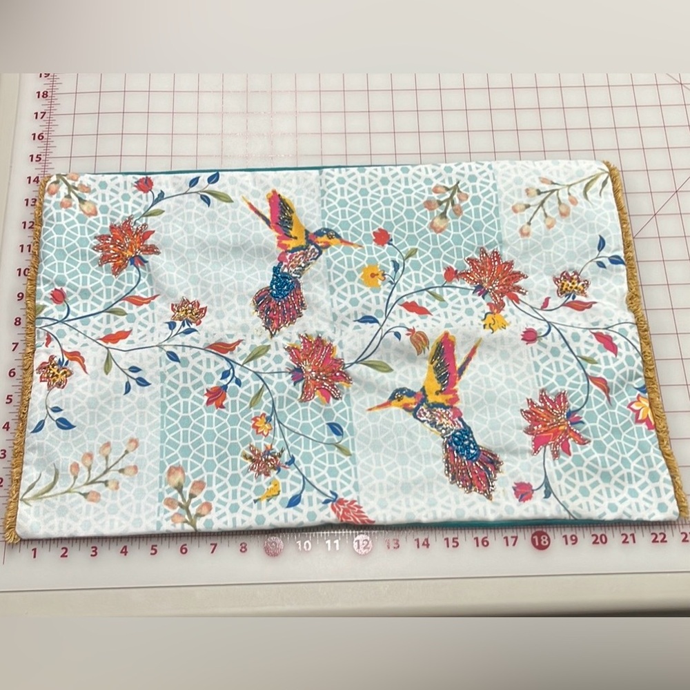 BELLA VIDA Beaded Hummingbird & Floral Fringe Trim Boho Artsy Pillow Cover 14x22